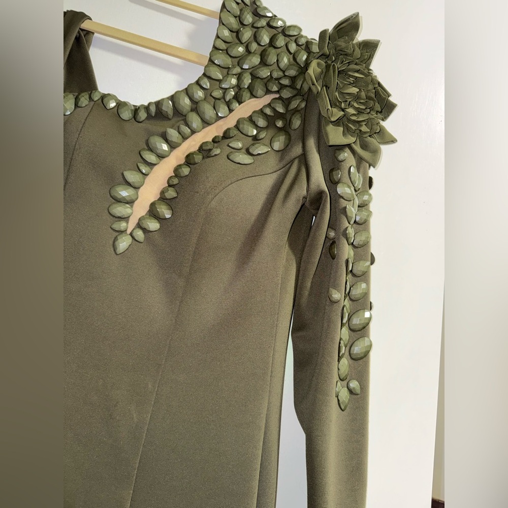 Chic One Shoulder Olive Dress with Floral Accents